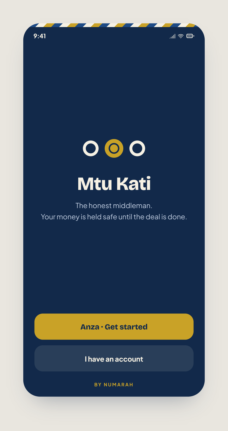 Skrini ya kwanza: alama ya Mtu Kati kwenye navy na kauli mbiu ya chapa na kitufe ‘Anza · Get started’