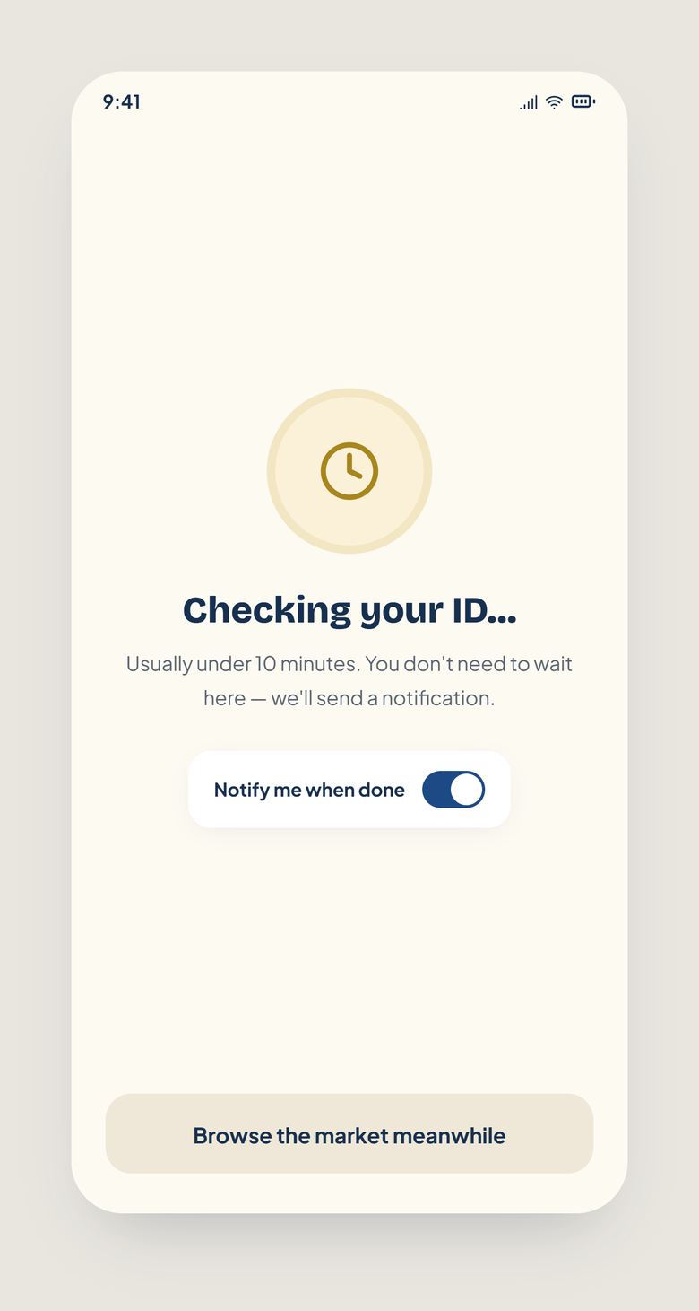 KYC status screen: ‘Checking your ID…’ with a note that verification usually takes under ten minutes and browsing continues meanwhile
