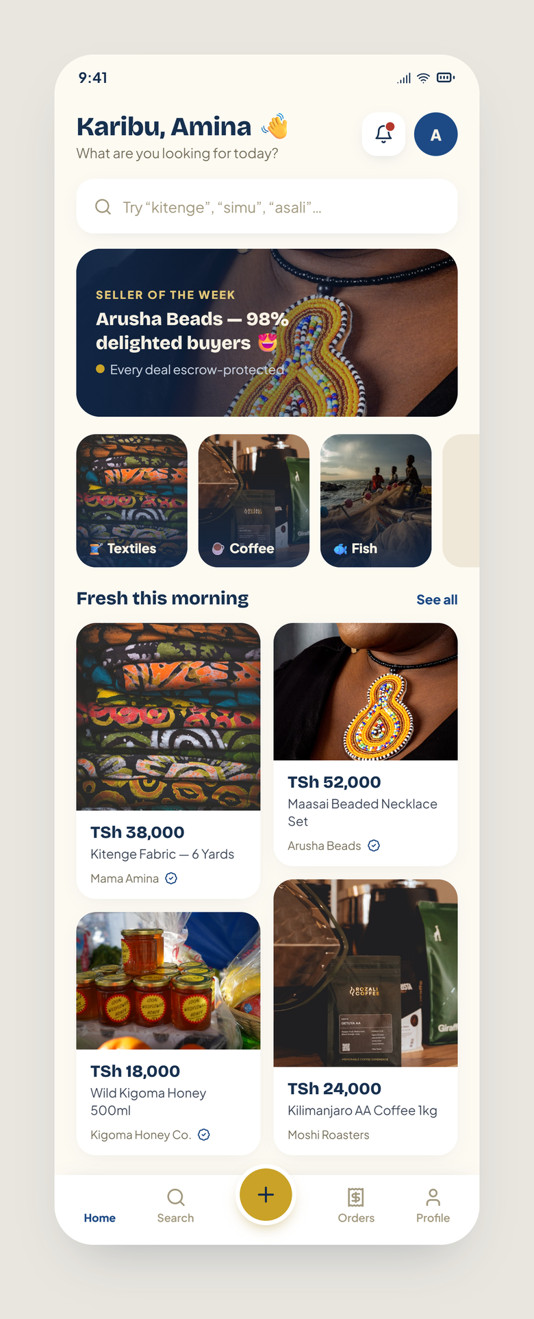 Home screen with greeting, search bar and a feed of items for sale