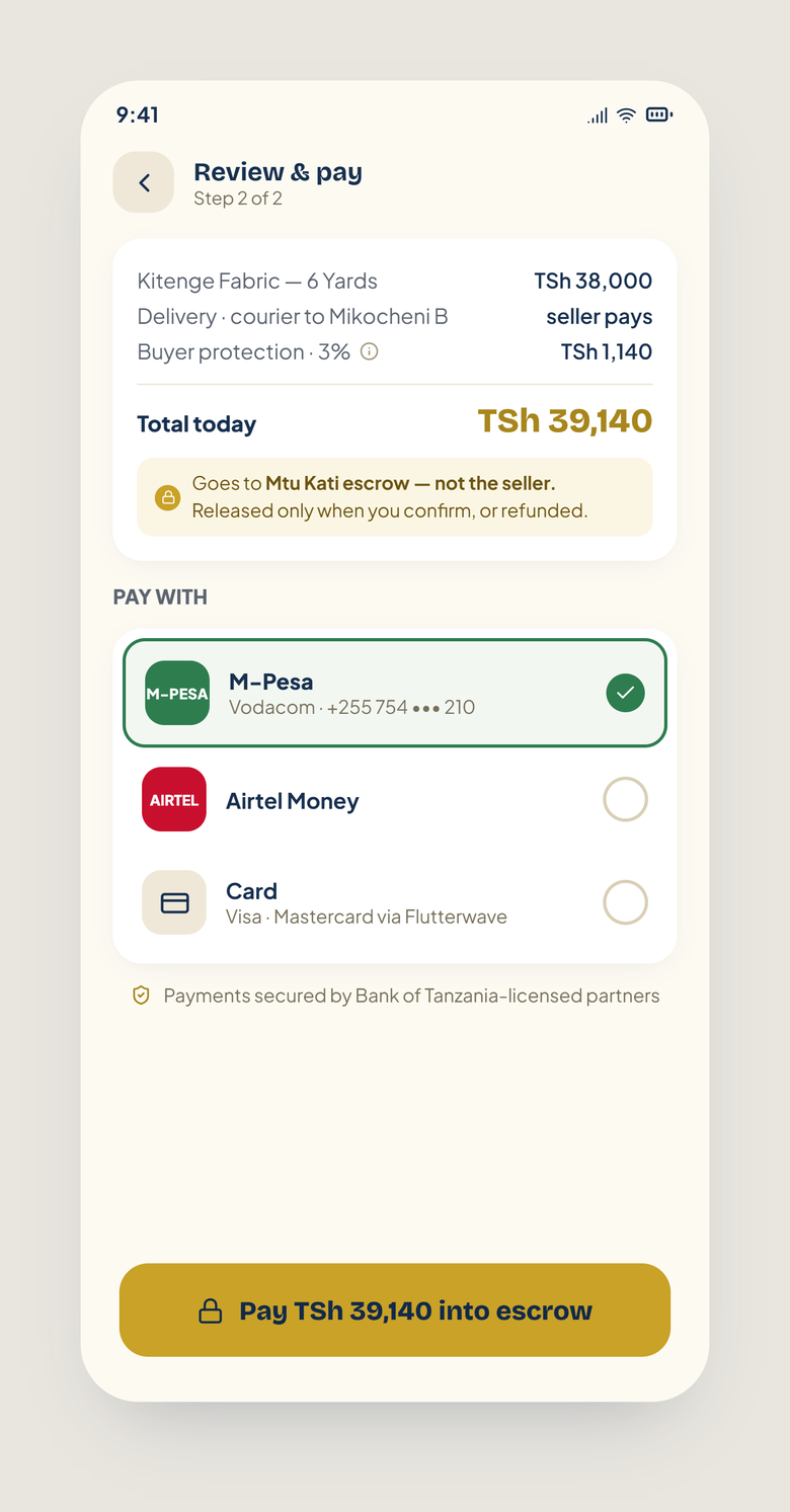 Review and pay screen with the gold button ‘Pay TSh 39,140 into escrow’ and M-Pesa selected