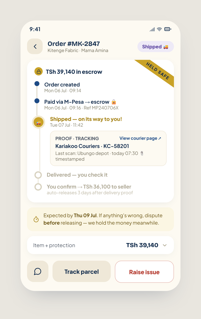 Order detail with the escrow receipt: ‘HELD SAFE’ stamp, paid-into-escrow row, and shipping proof with tracking number