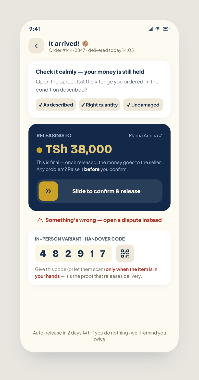 Confirm delivery screen: inspection checklist and the slide-to-confirm control with a finality warning
