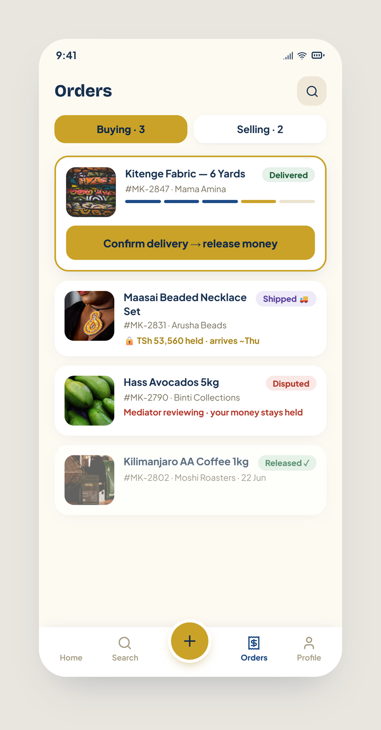 Orders list: an action card with ‘Confirm delivery → release money’, a shipped order with held amount, and a released order